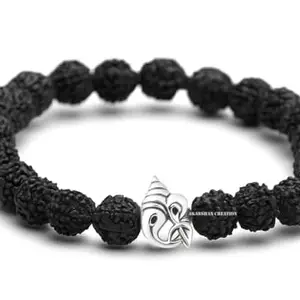 AKARSHAN CREATION 5 Mukhi Rudraksha Beaded Bracelet with Silver Ganesha Charm Original Certified By Lab Panchmukhi Rudraksha Bracelet Used For Men And Women (Black with silver Ganesha Five Face Rudraksha Bracelet)