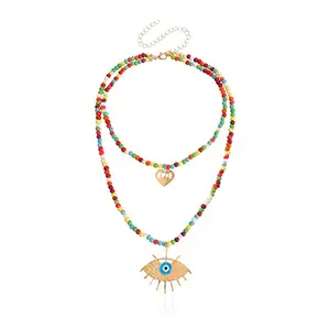 Destiny Jewel's Gold Plated Colorful Beads Decor Evil Eye Heart Pendant Necklace For Women & Girls