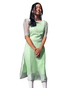 NEW FUSION FABRIC Women Organza Fabric Digital Printed Short Sleeves Pattern Kurti for Women, Long Kurti