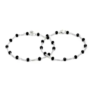 sanjog Oxidized German Silver Payal Anklets Pair with Black Stone Beads