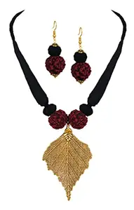 JFL - Jewellery for Less Ethnic Gold Plated Leaf Pendant Rudraksha Cotton Thread Black Ball Handcrafted Necklace Set for Women & Girls.,Valentine