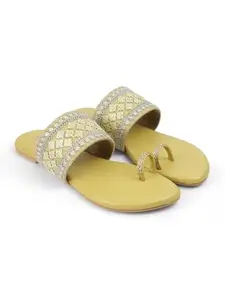 TOUCH HEEL flats for women stylish latest kolhapuri chappal - Embroidered Sandals for Women - Perfect for Casual and Festive Occasions (YELLOW, UK Footwear Size System, Adult, Women, Numeric, Medium, 6)