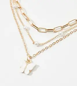 Layered Pearl Chain Necklace with Butterfly Pendant, Gold-Toned, Crystal Accents