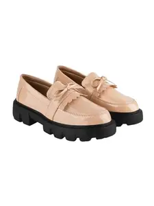 Shoetopia Front Tie Detailed Beige Loafers for Women & Girls /UK4-EU37