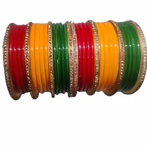 Shiny Multicolor Glass Bangles with Golden Plated churi (pack of 24+8) (2.6)