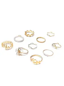OOMPH Jewellery Combo Of 10 Gold Tone Pearl Floral Fashion Ring Set For Women & Girls Stylish Latest