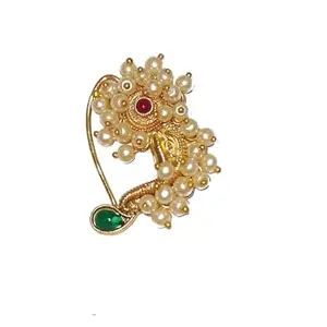 Shrungarika Designer Gold Plated kalamkari Traditional Ethnic Bridal Maharashtrian Nose Ring/Nath/kalamkari nath/pearls nath without piercing Encased with Pearl Stone for Women/Girls(831)
