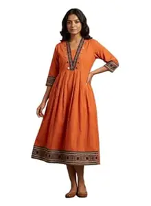 TOUCH OF KUTCH Cotton Frock Style Kurti with Mirror Work and Ajrakh Print, V Neck Long Kurti with 3/4 Sleeves, Side Pockets, Knee Length