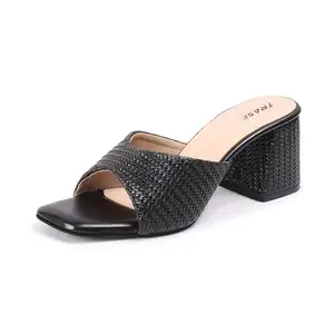 TRASE Women's Slip-On Block Heels Sandals| Fashionable Sandals for Women & Girls | Light weight, Soft Footbed, Comfortable & Stylish - 47069, Black, 6 UK