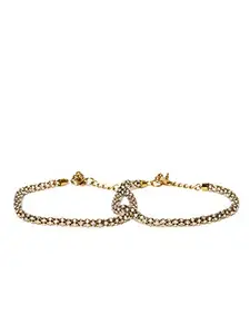 Priyaasi American Diamond Studded Brass Anklet Pair for Women, Girls - Adjustable Traditional Payal Pajeb with Gungru (Golden)