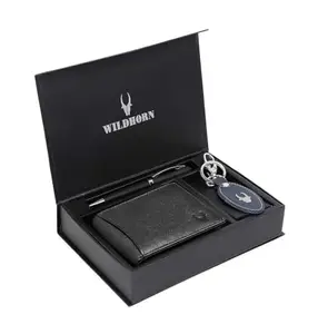 WildHorn Black Leather Men's Wallet, Keychain and Pen Combo Set (GIFTBOXMIX)