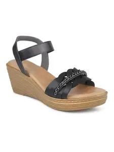 INC.5 Women Black Textured Wedge Sandals