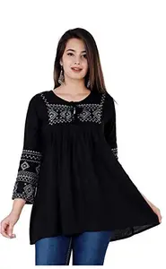 Tackles Rayon Black Embroidery Work A-Line Tops