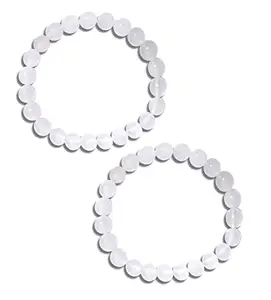 Adhvik (Pack Of 2 Pcs) Adjustable Size White Plain 8mm Moti Pearl Bead Natural Feng-Shui Healing Crystal Gem Stone Wrist Band Elastic Bracelet For Men's & Women's