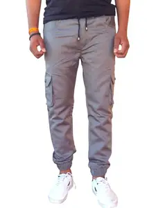 Men's Cargo Jogger Pants, Drawstring Waist, Grey, Elastic Ankle Cuffs (in, Alpha, 2XL, Regular, Grey)