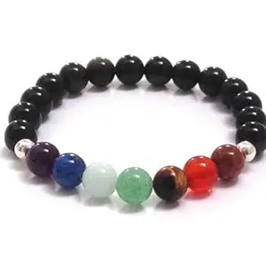 LKBEADS Natural 7 Chakra Stone & Black Onyx 8mm Round Shape Smooth Cut Beads 7 inch Stretchable Bracelet for Men & Women|STBR_RR_00043_70