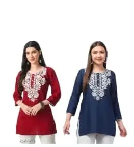 LIBA CREATIONS Rayon Short Kurta for Women | Lakhnavi Chikankari Embroidered Ladies Kurti, Stylish Girls Top, Ethnic Half Kurtas.