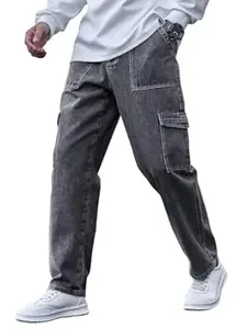 TAGAS Men Mid Rise Relaxed FIT | Denim Cargo | Multi Pocket Pant | Loose Fit Jeans | MDJ-19, Black, 36