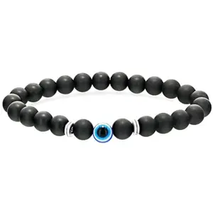 RRJEWELZ Unisex Bracelet 8mm Natural Gemstone Matte Onyx With Evils Eye Round shape Smooth cut beads 7 inch stretchable bracelet for men & women. | STBR_05584