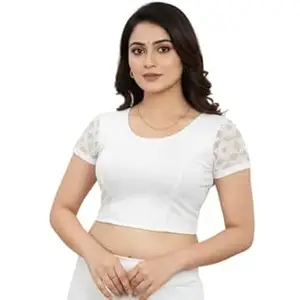 TRUNESS Round Neck Cotton Lycra Stretchable Half Net Sleeve Readymade Saree Blouse for Women and Girls, Size (26 to 44)