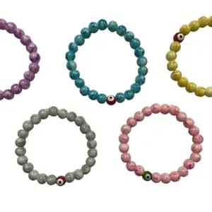 Shyam Creations Handmade Glass Beads Bracelets for Men/Women/Kids||Perfect for Gifting||Dailyuse/Office-wear||Evil's eye||Marble Finish||Stretchable/Elastic||Set of 5