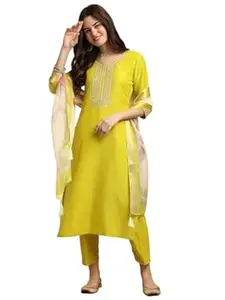 Bovkari Women's Slub Rayon Embroidery Kurta Pant with Floral Print Dupatta Kurta Set For Women