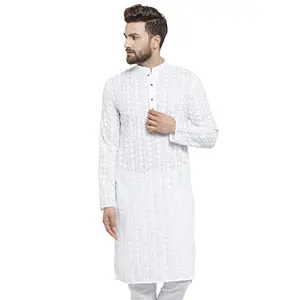 Men's Cotton Blend Regular Kurta Sharara Set (Chkutra_white_L_White_40)