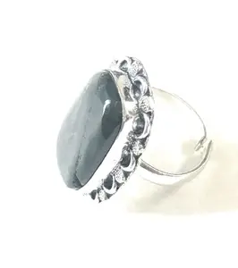 Vintage Style Statement Ring, Oval Grey Stone, Ornate Silver-Tone Setting, Adjustable Band