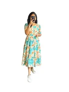 Women's Tiered Midi Dress, Floral Print, Short Sleeves, Cotton Blend