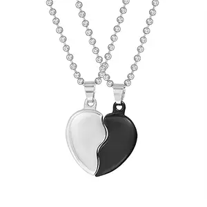 Uniqon Valentine's Day Special Metal Black And Silver Stainless Steel I Love You Broken Heart Shape Romantic Love Couple 2 In 1 Beautiful Duo Locket Pendant Necklace With Chain For Boy's And Girl's
