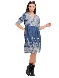 HI-FASHION Embroidered Denim Dress for Wome Casual Wear_XXL Blue
