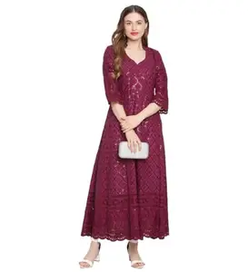 Women's Casual 3/4th Sleeve Embroidered Cotton Kurti (Purple, 3XL)-PID48447