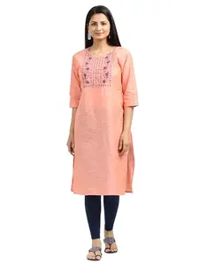 NISHROOP Stylish Printed Regular Fit Round Boat Neck 3/4th Sleeves Knee Length Straight Kurti for Women's and Ladies-Salmon