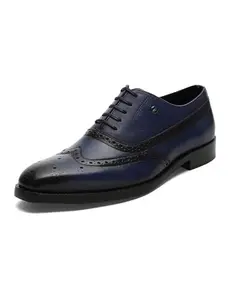 Monte Carlo Mens Navy Blue Solid Lace Up Genuine Leather Formal Brogue Shoes (201826FW-2-9)