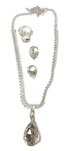 Level up point - AD STONE WITH GLASS STONE PENDANT LONG NECKLACE SET Statement Necklace and Earring For Women and girls design any occasion (RED) (WHITE)