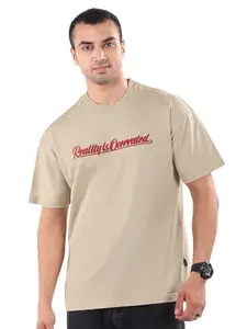 Beyoung Cotton Looper Mock Neck Embroidered Tshirt for Men - Beige | Relaxed Fit | Mock Neck | Half Sleeves | Casual Tshirt