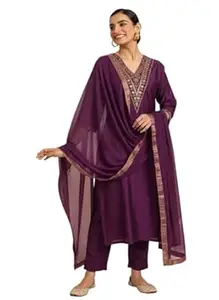 Women's Embroidered Kurta Set with Dupatta, Pink, V-Neck, 3/4 Sleeve, Straight Fit, Ethnic Wear