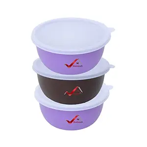 HOMEISH Microwave Safe, Stainless Steel Bowl Set with Lids for Re-Heating, Serving, Storage (Purple x 2 Pcs, Brown x 1 Pc, 14cms x Approx.500ml Each) - Pack of 3