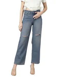XPOSE Blue Dark wash 5-Pocket high-Rise Wide Leg Jeans, Low Distress, no Fade, has a Button and Zip Closure, and Waistband with Belt Loops|Blue|32