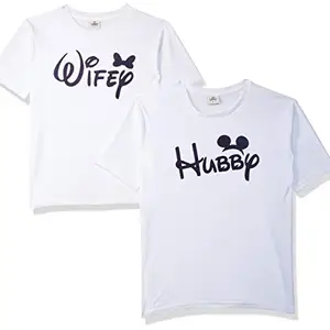 Powerpuff Cotton Jersey Hubby Wifey Unisex Couple T-Shirts (Men-XL/Women-S, White)