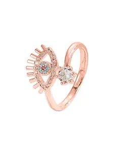OOMPH Jewellery Rose Gold Tone Cubic Zirconia Evil Eye Adjustable Fashion Ring For Women & Girls Stylish Latest