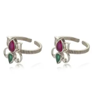 Unniyarcha Silver 92.5 Lotus Red And Green Toe Rings (Pair) For Women's Pure Silver 925, Sterling Silver Jewellery with Certificate of Authenticity & 925 Toe Rings for Women's Silver, God, Religion