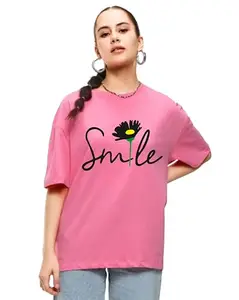 Liula Corporation Smile Flower Women and Girls Oversize Round Neck Tshirt Half Sleeves Cotton Printed T-Shirts (XL, Pink)