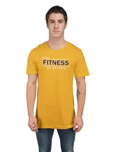 SHRI SAPTHAHARI ENTERPRISESStay Fit, Be Strong Yellow Round Neck Cotton Half Sleeved Men's T-Shirt with Printed Graphics