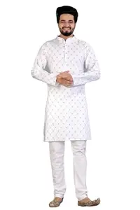 Wixela Men's Jacquard Cotton Full Sleeve Mandarian Collar Ethinic Wear Long Kurta (S_C_545880-White-Small)