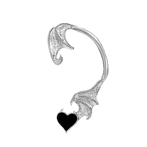 Via Mazzini Metal Antique Silver Stylish Fagen Dragon Wing With Black Heart Single Ear Earcuff Earring (ER2227) 1 Pc