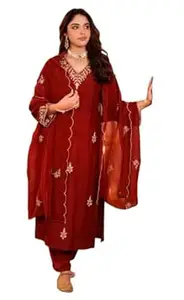 Klosia Women Embroidery Solid Straight Kurta and Pant Set with Dupatta