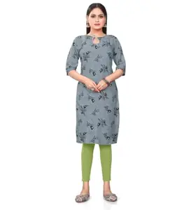 Women's Casual 3/4th Sleeve Floral Printed Polyester Knee Length Straight Kurti PID-45472 | Pack of 1_Grey_XL |