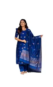 SHIJILA Women's Kanchi Cotton Jaquard Work Kurta and Dupatta Set with V Neck 3/4 Sleeves Straight Calf Length Kurti and Jaquard Work Border Dupatta