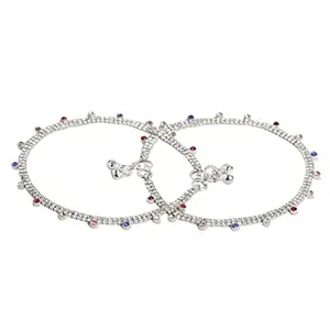 ACCESSHER Silver Plated Sparkling Multicolour Rhinestones Embellished Delicate Traditional Anklets Payal for Women and Girls with S Hook Closure Pack of 1 Pair| Gifting for Karwachauth |